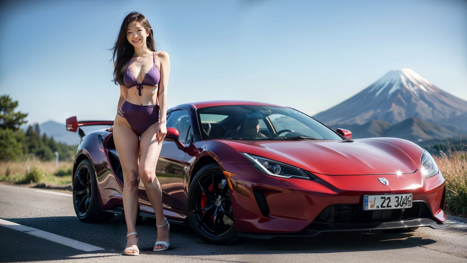 ((best quality)), ((masterpiece)), (detailed), perfect face，3 beauties，Big red suspender skirt，Purple underwear，Smile，mount fuji background，depth of field，sports car