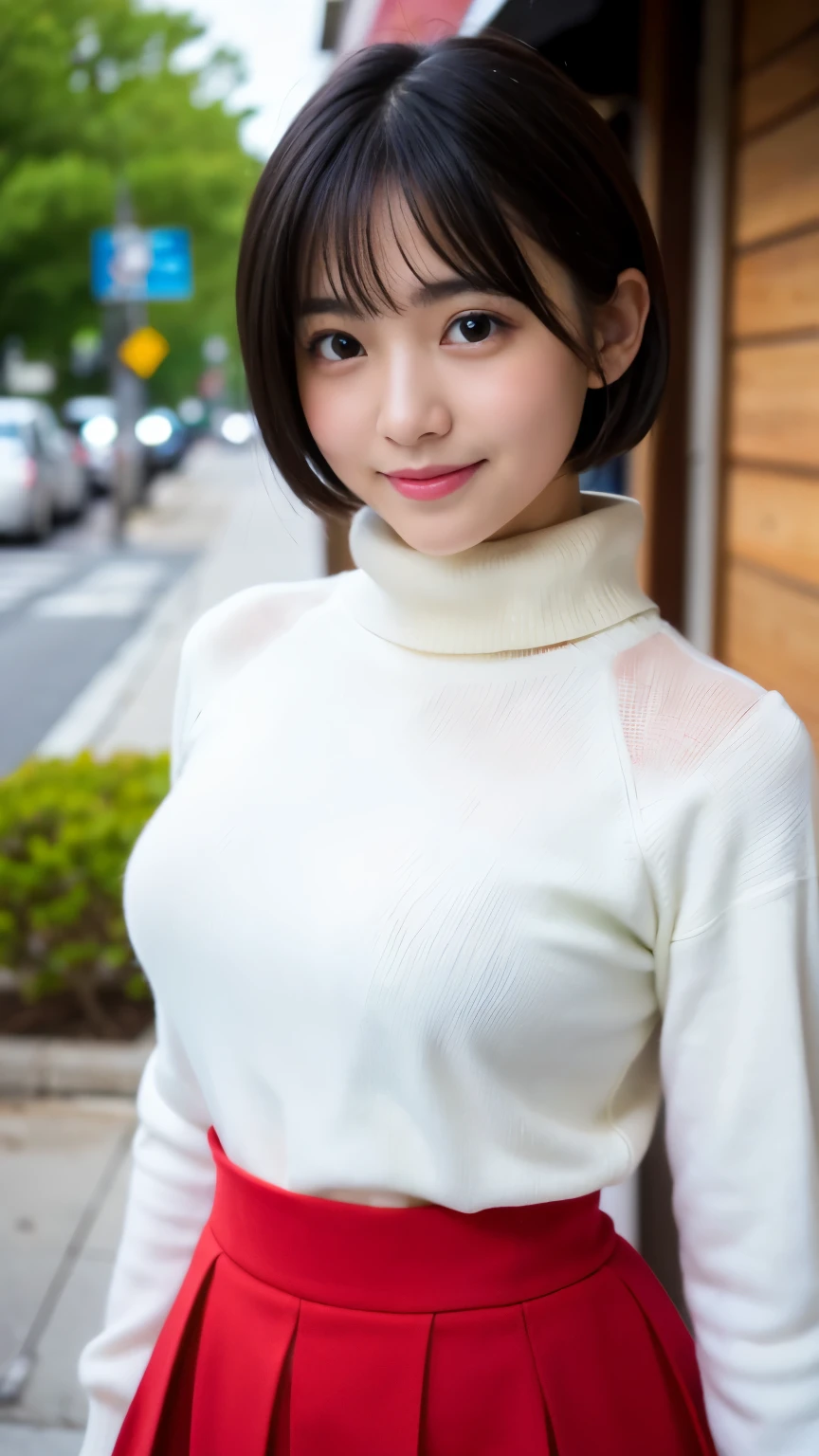 Best-quality, Masterpiece, Ultra-High-Resolution, (Photorealistic:1.4), Raw-Photo, Best-quality, Masterpiece, Ultra-High-Resolution, (Photorealistic:1.4), Raw-Photo, 1girl, the most popular Japanese idol, have a lot of fu at bakery, (wearing white Tight-sweater with turtleneck), (wearing red long-skirt with slit), Super cute-smile like the most famous Japanese idol, Perfect proportion, extremely cute face like the most famous Japanese idol, ((extremely beautiful big-black-eyes)), extremely beautiful black-short-cut-haired, extremely beautiful big-breasts wearing Tight-sweater