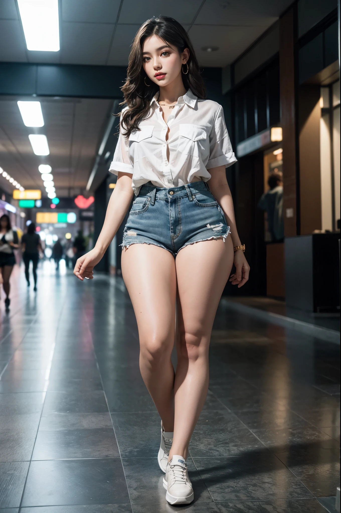 best quality, masterpiece, highres, photorealistic, (high detailed skin:1.2), 8k uhd, dslr, soft lighting, high quality, volumetric lighting, full body Photograph, high resolution, 4k, 8k, Bokeh, girl, petite curvy body, big breast, perfect body proportions, detailed green eyes, detailed skin, seductive smile, full body, photo from below, verry short shorts, modern shirt and accessories, modern shoes, modern hairstyle, in the MALL,