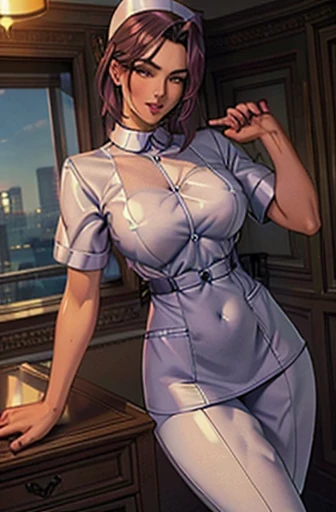 photorealistic , realism , 8k , 1.4 Official art，ultra - detailed , best quality,(in a hospital) ,green cold calculating look eyes , not smiling , dark short unattached sleek hair ,average height ,well-proportioned body , athletic and toned , wearing a  tight latex nurse uniform, Nurse Cap, Whiteware, White legwear