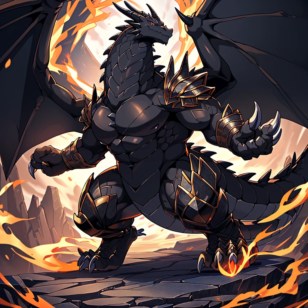 (The violent and huge Black Dragon King is possessed and controlled by the black and golden magic armor.：100)，(Broad dragon body，majestic wingspan，Sharp dragon claws，thick dragon tail，huge black dragon king，Huge dragon claws：2)，Strong build，Overwhelming presence，full body picture，Very detailed，4K HD