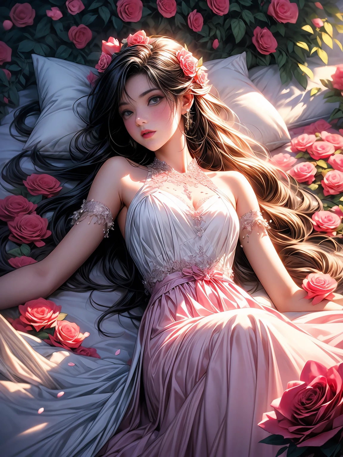 there is a woman laying on a bed of pink roses, laying on roses,  cgsociety, girl in a bed of flowers, woman in flowers, wlop and ross tran, with frozen flowers around her, roses in her hair, made of flowers, wrapped in flowers, beautiful digital artwork, ross tran and wlop, the girl made out of flowers,--ar 9:16 --stylize 950 --v 6.0