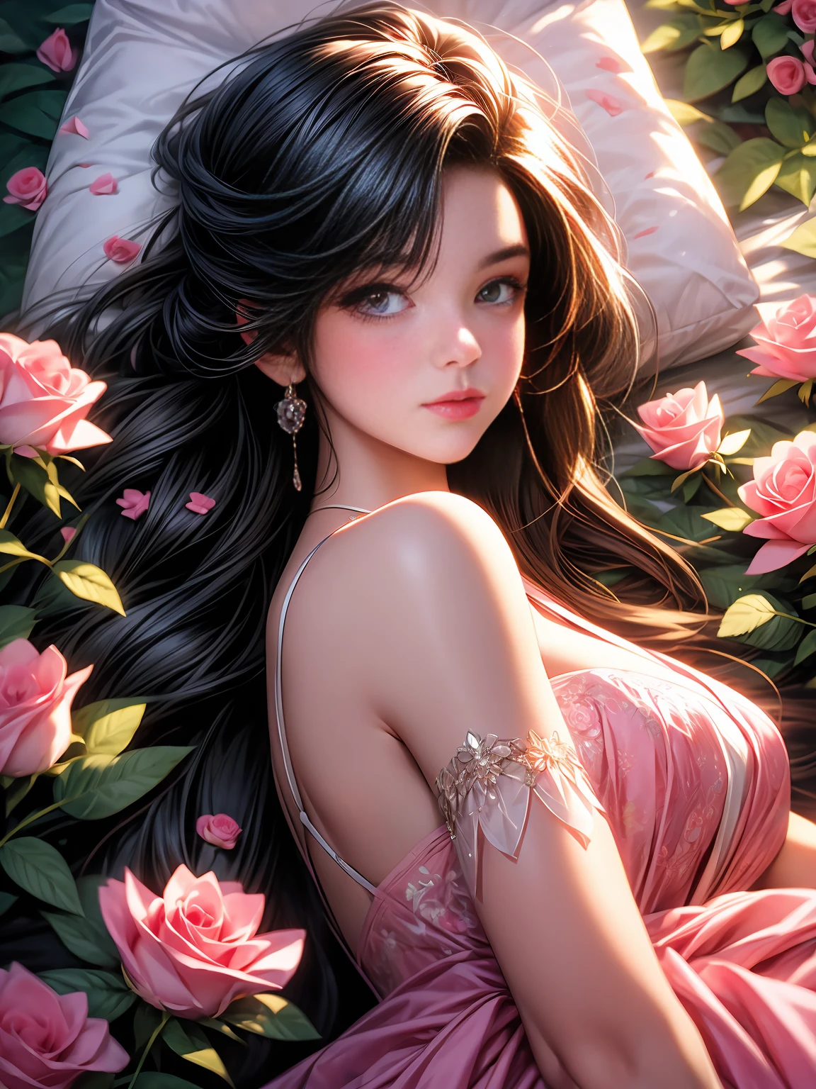 there is a woman laying on a bed of pink roses, laying on roses, cgsociety, girl in a bed of flowers, woman in flowers, wlop and ross tran, with frozen flowers around her, roses in her hair, made of flowers, wrapped in flowers, beautiful digital artwork, ross tran and wlop, the girl made out of flowers,--ar 9:16 --stylize 950 --v 6.0