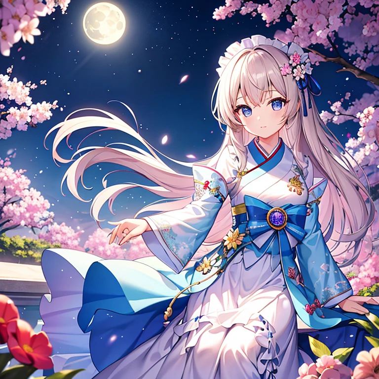 highest quality, expensive_solve, clear_image, detailed background ,girl, Hanbok,flower,garden,moon, night, fantasy