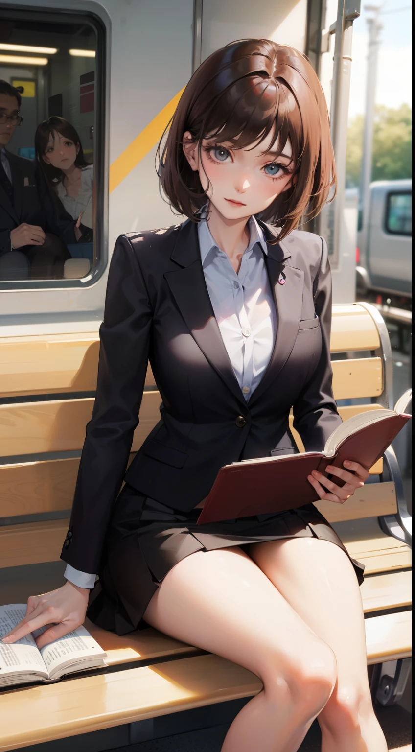 A lovely 35-year-old woman in a business suit and tight skirt is sitting on a horizontal wooden bench at the train station and reading a book. Spread her legs a little and look at her inner thighs from the front.