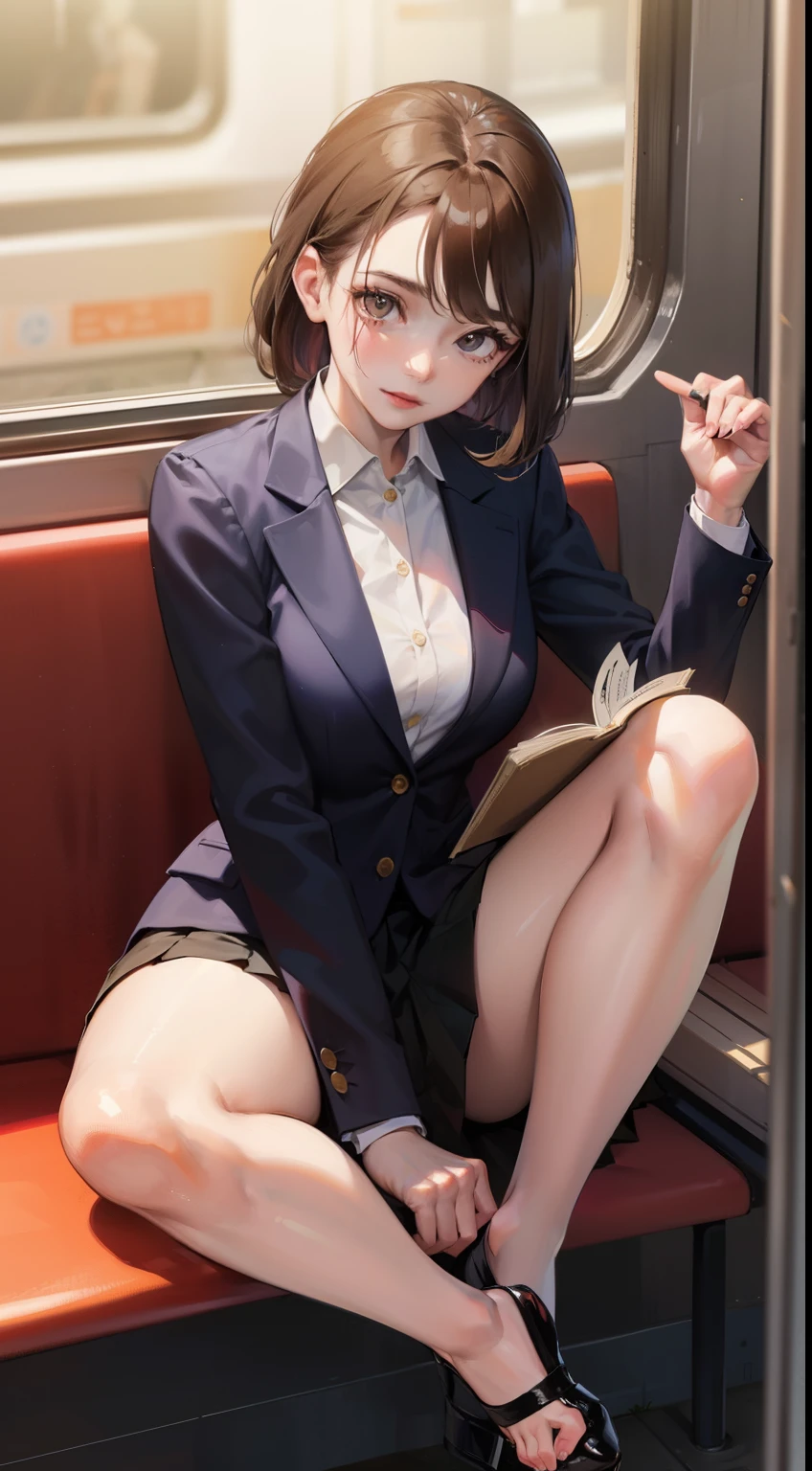 A lovely 35-year-old woman in a business suit and tight skirt is sitting on a horizontal wooden bench at the train station and reading a book. Spread her legs a little and look at her inner thighs from the front.