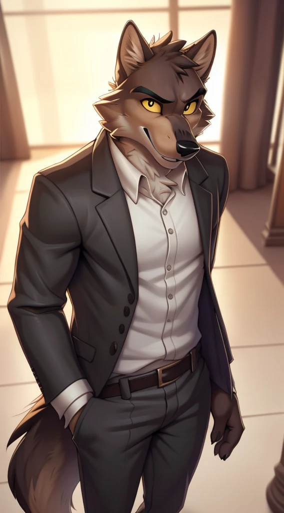 mr wolf, solo, shirt, long sleeves, standing, (grey jacket), white shirt, male focus, open clothes, collared shirt, belt, pants, open jacket, formal, suit, shirt tucked in, brown belt, body fur, (grey pants), yellow sclera, two-tone fur, by zackarry911, by zaush, (by personalami:0.5), (soft shading), 4k, hi res, detailed eyes, high angle view