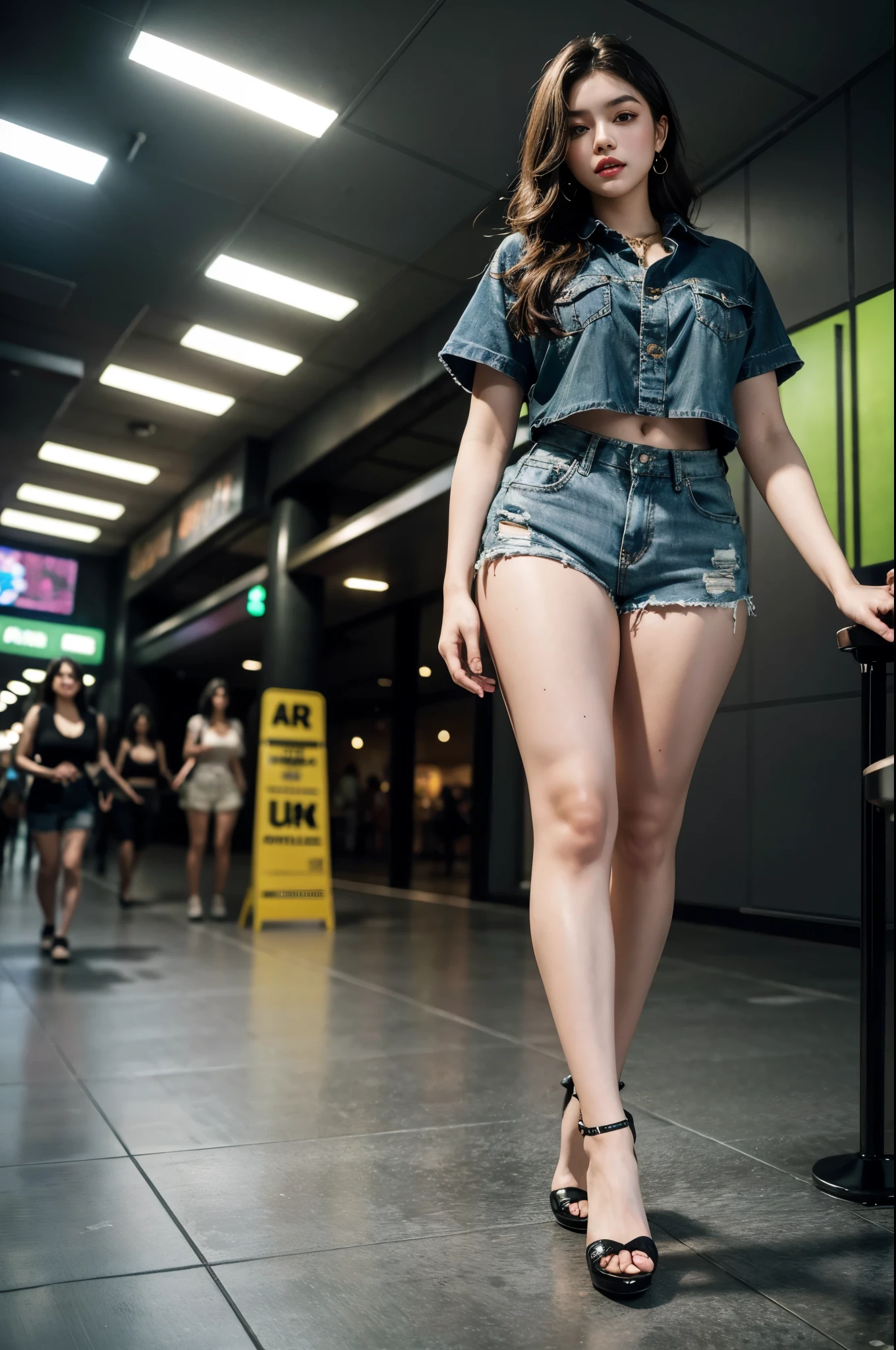 best quality, masterpiece, highres, photorealistic, (high detailed skin:1.2), 8k uhd, dslr, soft lighting, high quality, volumetric lighting, full body Photograph, high resolution, 4k, 8k, Bokeh, 16 years old girl, petite curvy body, big breast, perfect body proportions, detailed green eyes, detailed skin, seductive smile, full body, photo from below, verry short shorts, modern shirt and accessories, modern shoes, modern hairstyle, in the MALL,