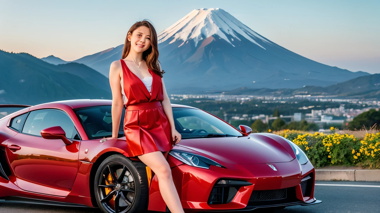 ((best quality)), ((masterpiece)), (detailed), perfect face,3 beauties,Big red suspender skirt,Smile,mount fuji background,depth of field,sports car