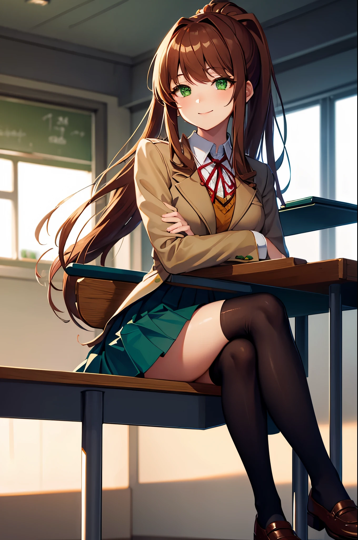 (masterpiece), best quality, expressive eyes, perfect face, highres, 1 girl, solo, ddlcmonika, blunt bangs, brown hair, (green eyes:1.5), long hair, ponytail, ribbon, white ribbon, hair ribbon, sidelocks, black thighhighs, blue skirt, brown jacket, jacket, long sleeves, mary janes, over-kneehighs, pleated skirt, school uniform, shoes, skirt, thighhighs, zettai ryouiki, smiling, indoors, classroom background, crossed arms, sitting on chair, (crossed legs:1.2), upper body portrait, looking at the viewer