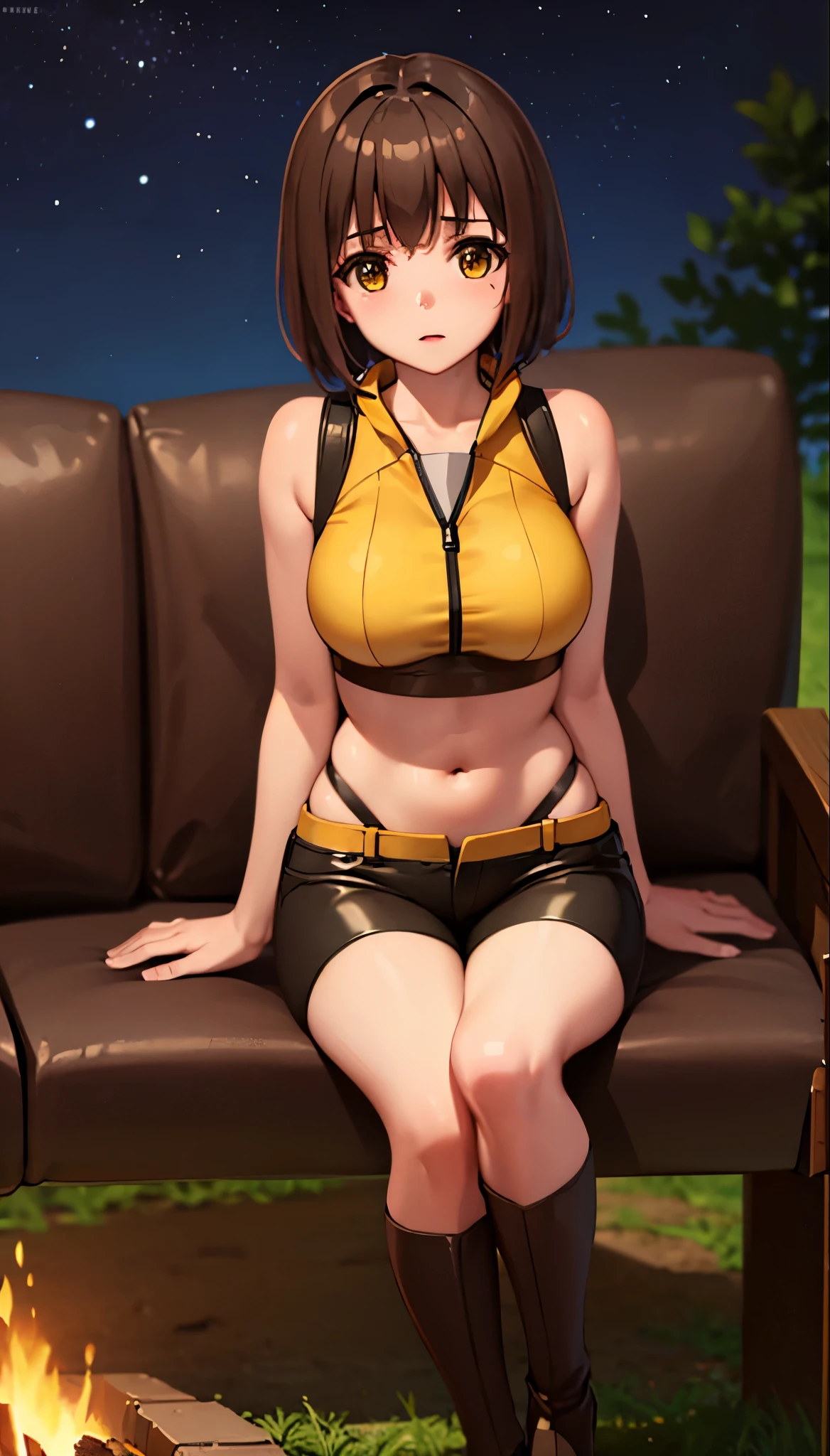 photorealistic, (4K), depth of field, (masterpiece), (realistic skin texture), extremely detailed, difficult, hyper detailed, professional photography, hips, a high resolution, sharp detail, Best quality, girl, yellow top, bare shoulders, cut off sleeves, short hair, Brown hair, yellow eyes, navel, black shorts shorts, high leather boots, a leather backpack, , hands above head, big breasts, Outdoor recreation, camp fire, (sitting by camp fire), night time, night sky, Twilight, on open air, the forest,