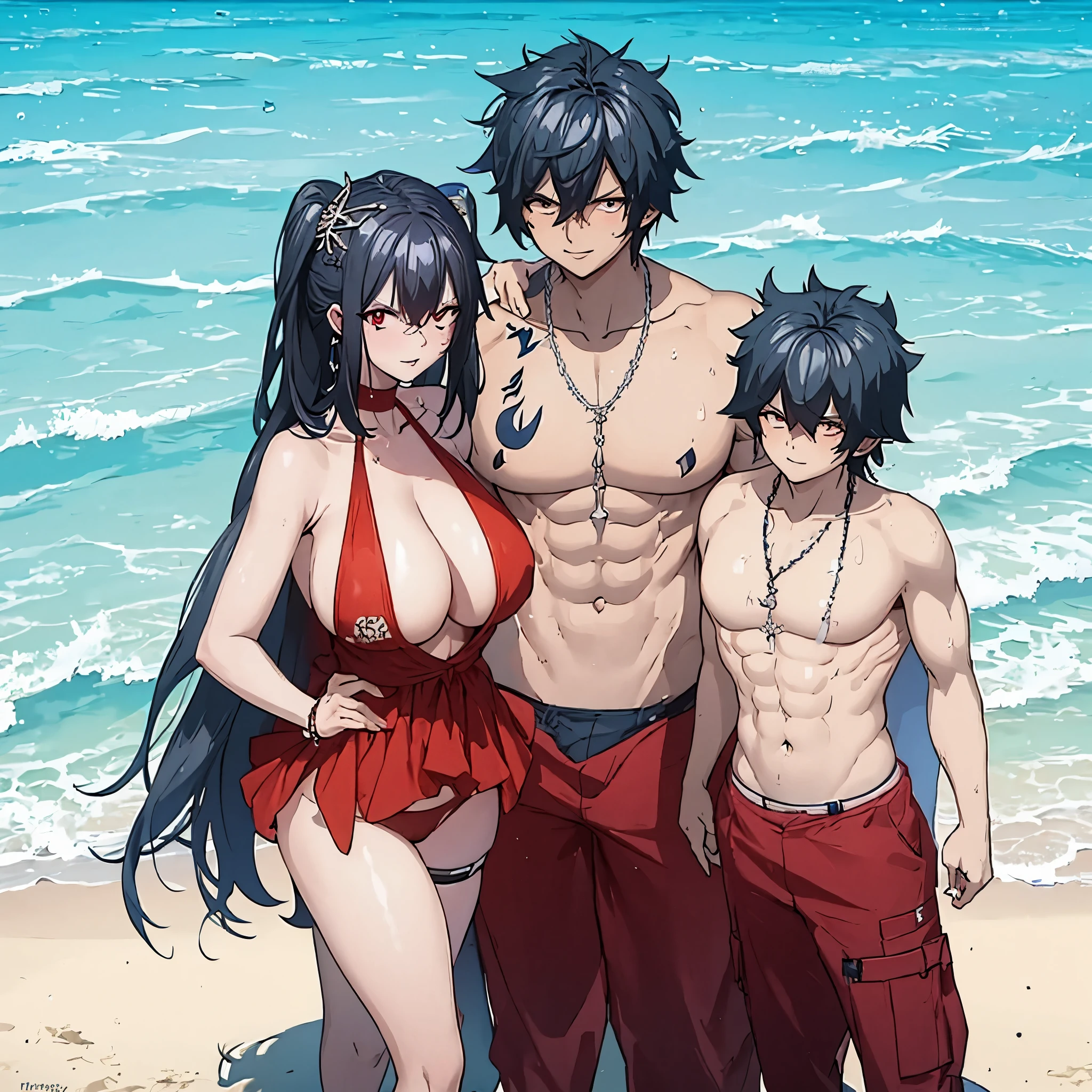 A man in beachwear together with a woman, big boobs (red eye) in a swimsuit on a beach