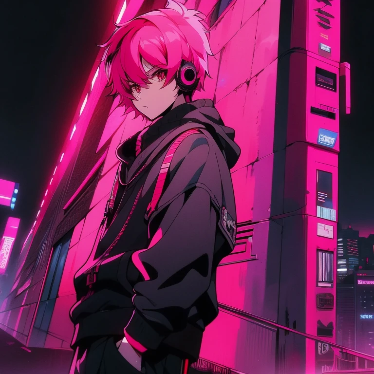 (shortcut), (two block hair), (bright pink hair), (male character), (red eyes), (cool pose), (top quality), (masterpiece), (Super detailed), (oversized hoodie), (Street style), (neon), (modern city), (neonデイライト), (cinematic), (stylish), (High resolution), (hyper-detailed), (soft town), (Nightcore), (a handsome guy), (wearing headphones), (natural appearance of the building), (casual), (IG studio anime style), (standing pose), (Shooting from a low angle), (looking at the camera)