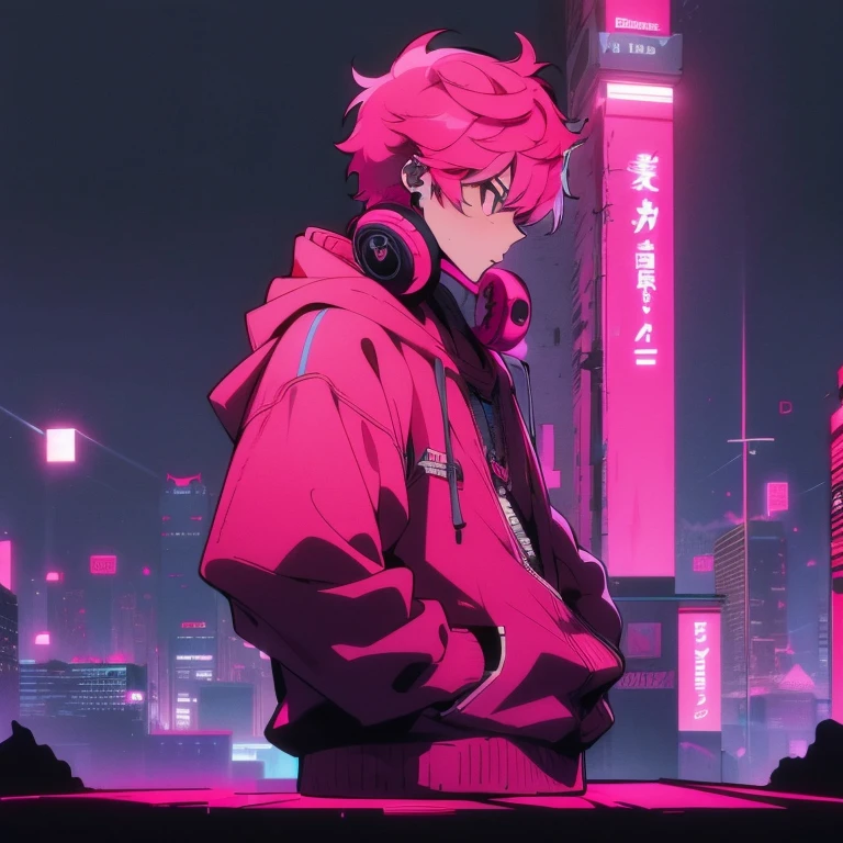 (shortcut), (two block hair), (bright pink hair), (male character), (red eyes), (cool pose), (top quality), (masterpiece), (Super detailed), (oversized hoodie), (Street style), (neon), (modern city), (neonデイライト), (cinematic), (stylish), (High resolution), (hyper-detailed), (soft town), (Nightcore), (a handsome guy), (wearing headphones), (natural appearance of the building), (casual), (IG studio anime style), (standing pose), (Shooting from a low angle), (looking at the camera)