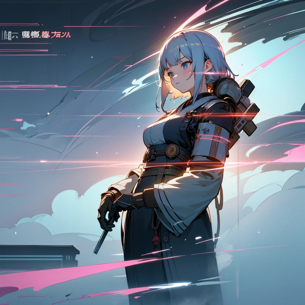The Age of Steam、warrior、Anime girl standing in an electronic landscape、Japanese style、japan harmony、Near future、
