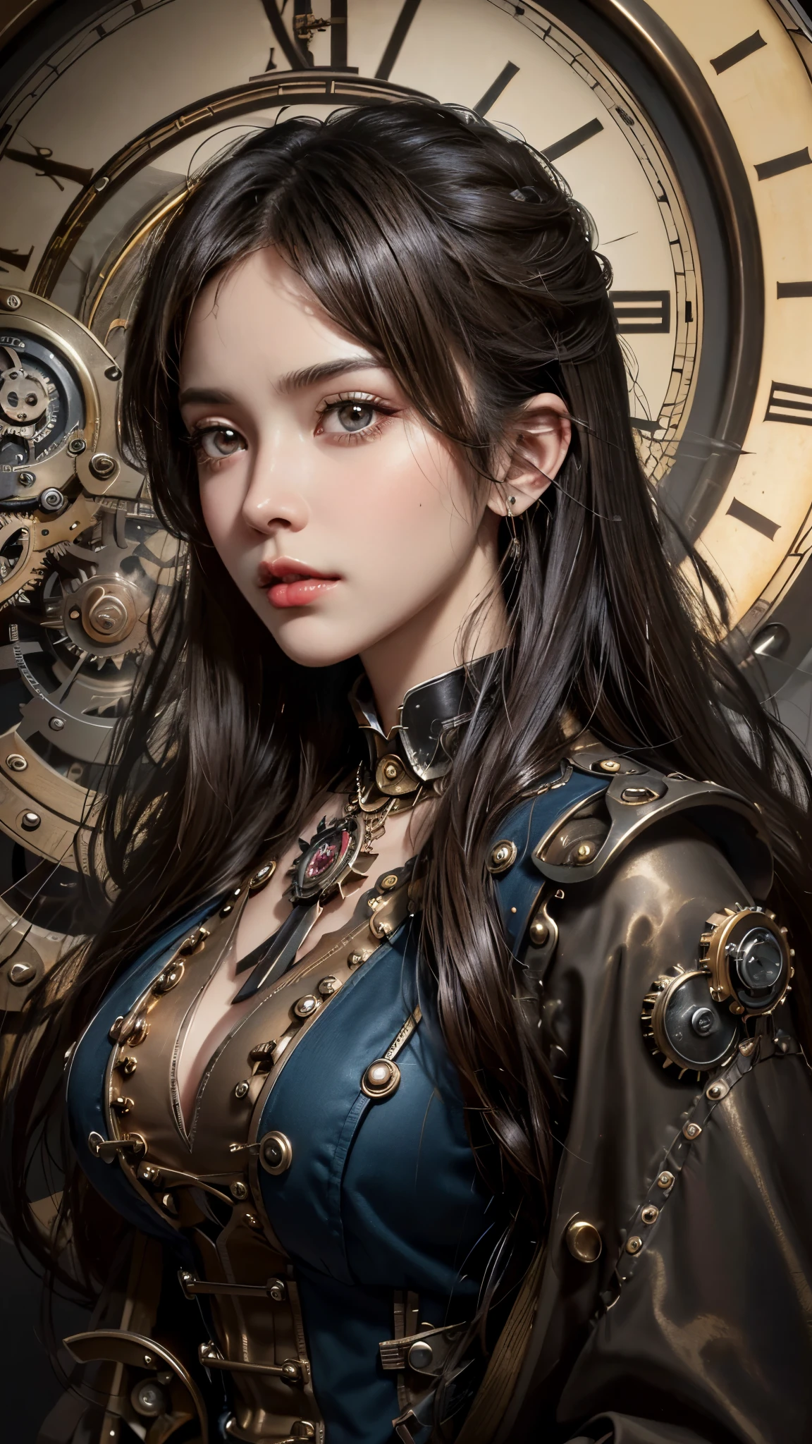 (UHD, retina, masterpiece, accurate, anatomically_correct, textured_skin, super_detail, high_details, high_quality, best_quality, high_res, 1080P, HD, 4K, 8k, 16k), (beautiful_detailed_eyes, beautiful_detailed_lips, extremely_detailed_eyes_and_face), soft_lighting, physically-based_rendering, vivid_colors, (large_breasts:1.5), (shiny_hair, shiny_skin, tanned_skin, blush), (bangs:1.5), eye_reflection, (bokeh), semi-profile_view, (steampunk, steam_power, retro-futurism, victorian_aesthetics, gear_and_clock_gears, bronze:1.5),