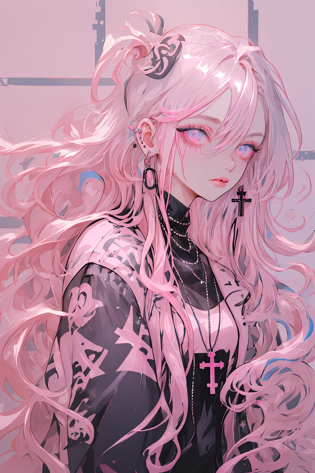 Niji Style, 1girl, solo, long hair, looking at viewer, blue eyeackground, white background, jewelry, closed mouth, jacket, upper body, pink hair, earrings, pink eyes, necklace, from side, sweater, lips, eyelashes, makeup, wavy hair, piercing, cross, lipstick, ear piercing, eyeshadow, hoop earrings, pink lips, multicolored eyes, pink theme, , pink eyeshadow,