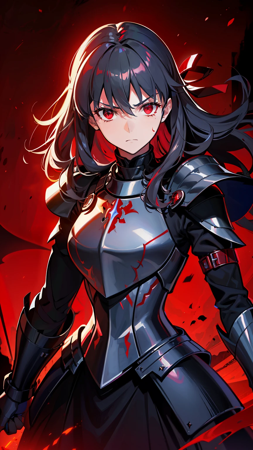 (high-quality, breathtaking),(expressive eyes, perfect face) 1female, girl , solo, young adult, long hair length, wavy curly hair, soft wave, black hair color, red highlights in hair, deep red eye color, background, music, serious expression, haunting red background, armor, onyx black armor with red trim, midnight dark armor with red cracks engraved in the exterior, saber alter, alter saber fate stay night, corrupted theme, corrupted armor, red lines on armor, conquerer vibe, red markings on armor
