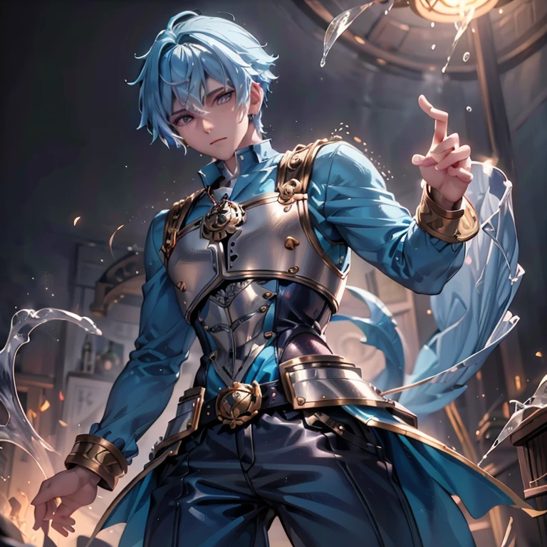  a male fish person Captain pirate with very light blue hair that is glowing with gold irises and sharpen teeth wearing metal almost like guard armor