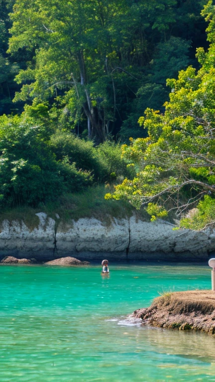 Vibrant, outdoor photograph featuring a woman standing waist-deep in clear, turquoise water. She has long, blonde hair and is wearing a blue and purple patterned bikini. Her back is to the camera, and she is looking towards a rocky cliff covered with greenery and tall, slender trees. The sky is clear and blue, adding to the serene and picturesque setting. The overall composition highlights the natural beauty of the location and the relaxed, summery atmosphere.