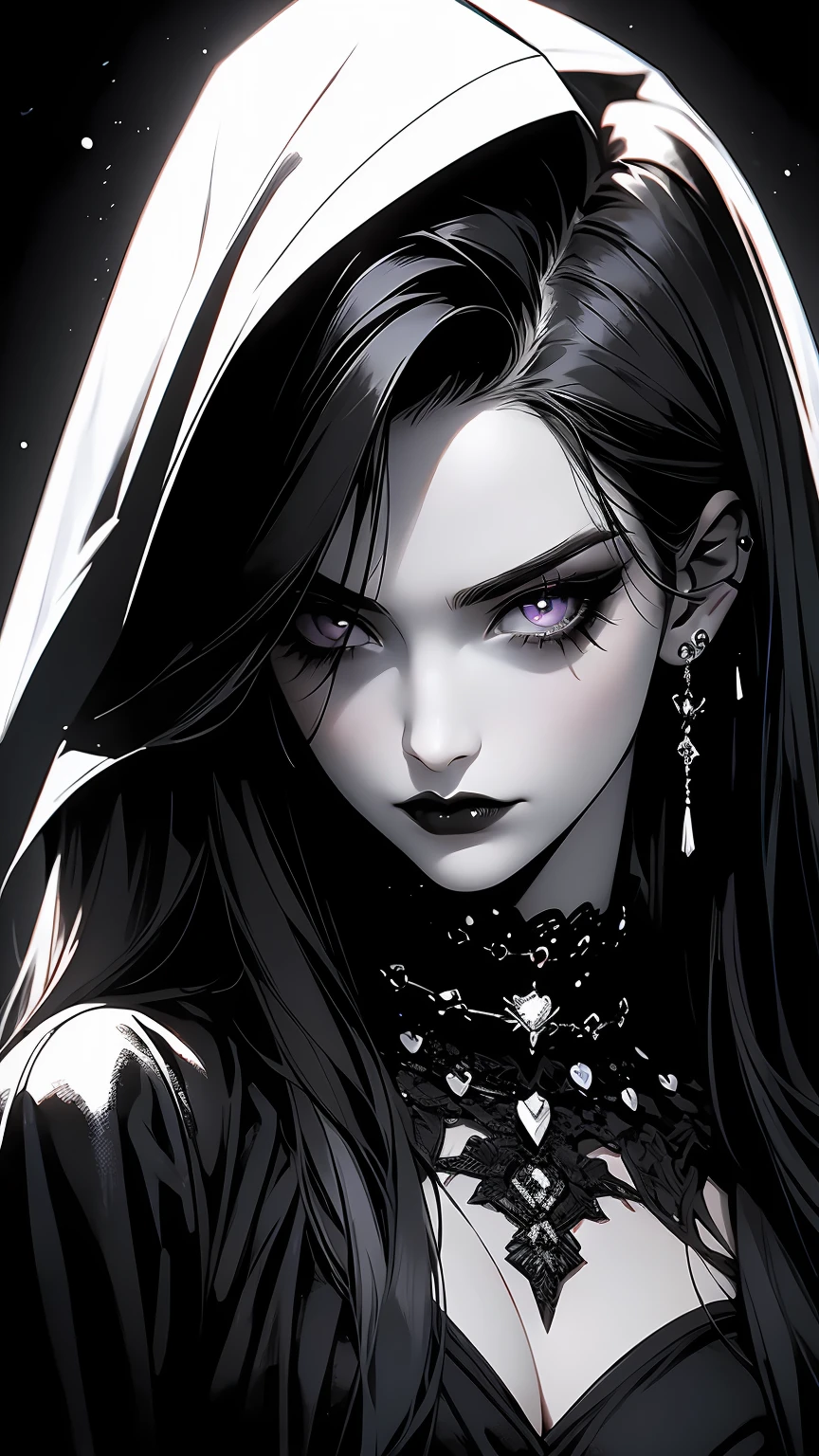 best quality,4k,8k,highres,masterpiece:1.2,ultra-detailed,realistic:1.37,Wednesday Adams,gothic black,glitter eyeshadow,black background,portrait,creepy,vivid colors,dim lighting,horrific expression,long black hair,bat pendant,hauntingly beautiful,attitude,dark dress with collar,striking contrast,brooding atmosphere,detail-oriented,sharp focus,macabre,unique,subtle makeup,pale complexion,13-years-old,quirky,comic book inspired,gothic beauty,eyebrows on point,innocence mixed with darkness,black-and-white aesthetic,emotional intensity,deep,penetrating gaze,raven companion,foreboding,oppressive,fascinating,heart-shaped face,contrast between light and shadow,distinctive style,bewitching presence,unconventional,daughter of Morticia and Gomez,close-up,fierce,undying love for the macabre,full lips,piercing stare,brooding teenager,dark and atmospheric,edgy,vampire-like,poetic melancholy.