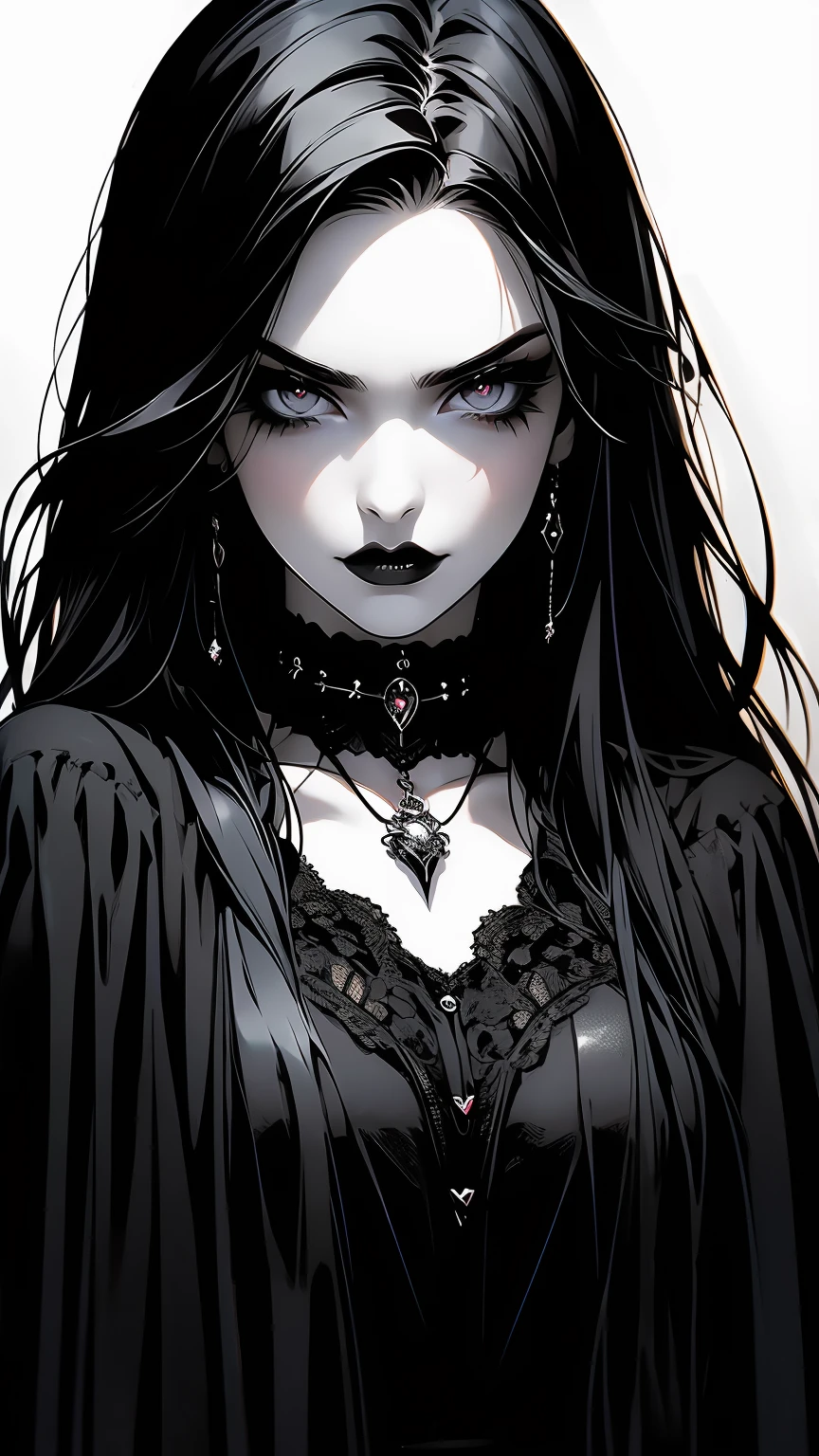 best quality,4k,8k,highres,masterpiece:1.2,ultra-detailed,realistic:1.37,Wednesday Adams,gothic black,glitter eyeshadow,black background,portrait,creepy,vivid colors,dim lighting,horrific expression,long black hair,bat pendant,hauntingly beautiful,attitude,dark dress with collar,striking contrast,brooding atmosphere,detail-oriented,sharp focus,macabre,unique,subtle makeup,pale complexion,13-years-old,quirky,comic book inspired,gothic beauty,eyebrows on point,innocence mixed with darkness,black-and-white aesthetic,emotional intensity,deep,penetrating gaze,raven companion,foreboding,oppressive,fascinating,heart-shaped face,contrast between light and shadow,distinctive style,bewitching presence,unconventional,daughter of Morticia and Gomez,close-up,fierce,undying love for the macabre,full lips,piercing stare,brooding teenager,dark and atmospheric,edgy,vampire-like,poetic melancholy.