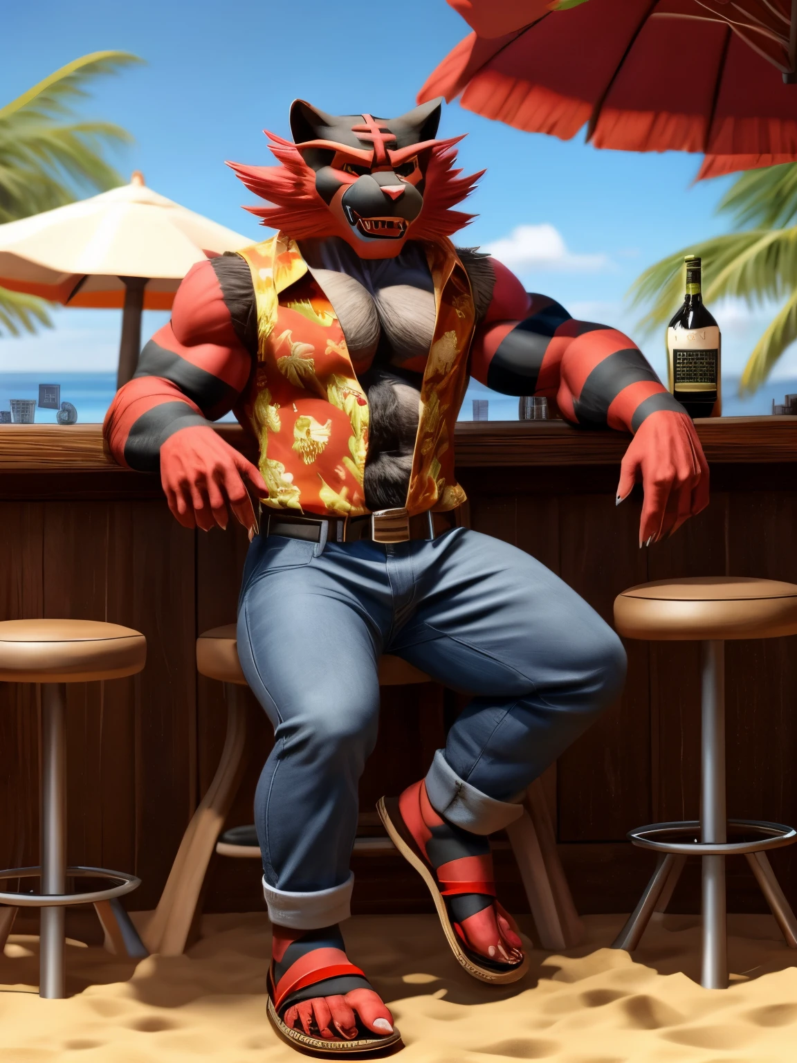 A visually descriptive and detailed rendering of a himbo barefoot Incineroar, full figure, in a yellow Hawaiian shirt and long jeans, nice big feet paws with claws, wearing flip flops, drinks whiskey, drunk, sleepy, dark brown and gray and white fur, open footwear, sandals, beach bar