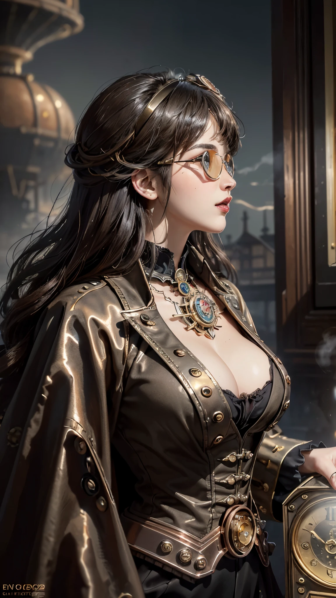 (UHD, retina, masterpiece, accurate, anatomically_correct, textured_skin, super_detail, high_details, high_quality, best_quality, high_res, 1080P, HD, 4K, 8k, 16k), (beautiful_detailed_eyes, beautiful_detailed_lips, extremely_detailed_eyes_and_face), soft_lighting, physically-based_rendering, vivid_colors, (large_breasts:1.5), (shiny_hair, shiny_skin, tanned_skin, blush), (bangs:1.5), eye_reflection, (bokeh), semi-profile_view, (steampunk, steam_power, retro-futurism, victorian_aesthetics, gear_and_clock_gears, bronze, copper, brass, goggles, steampunk_airships:1.5),