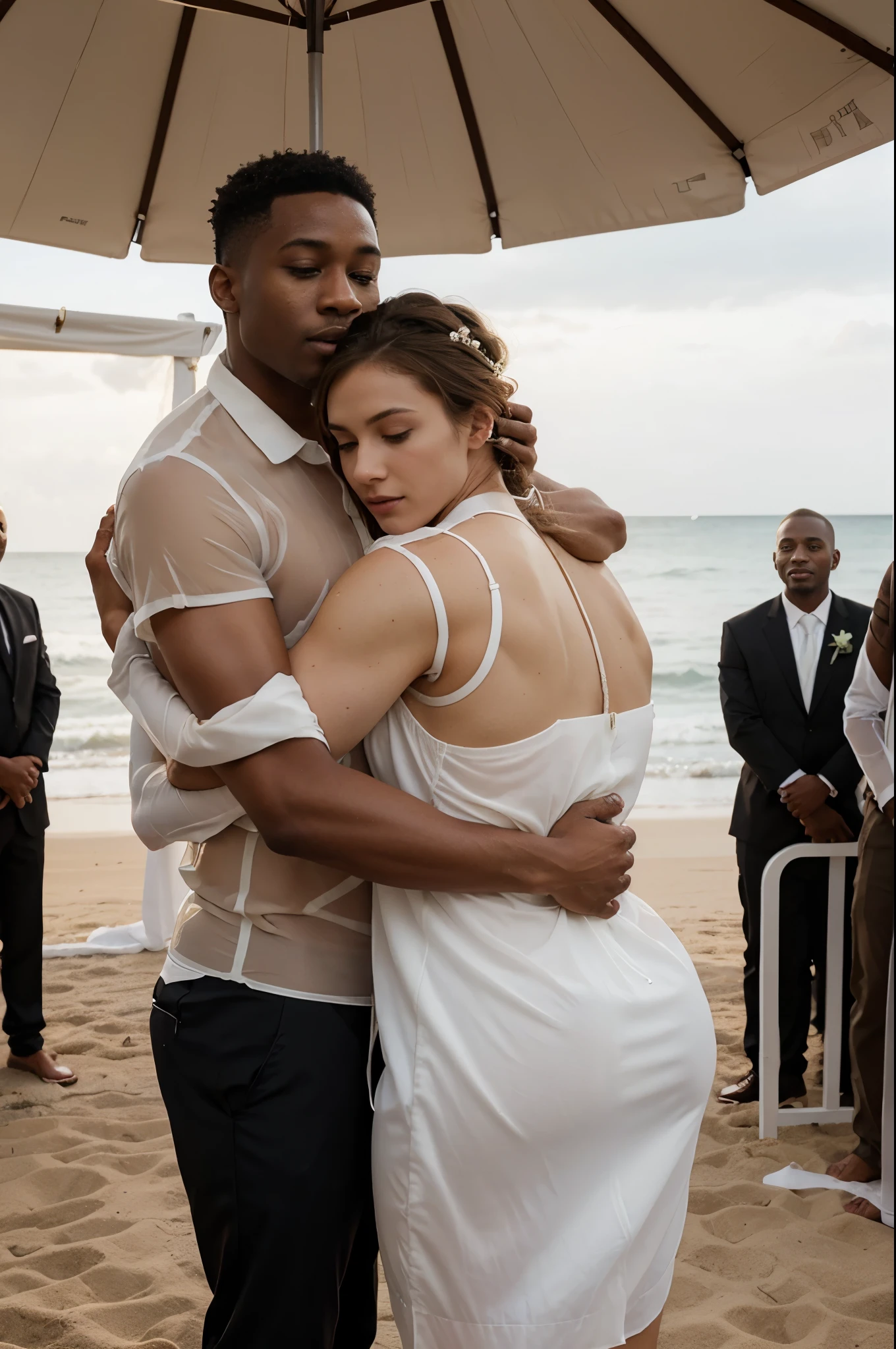 A black man in a suit hugs a white-skinned thin gay with brown hair in transparent erotic clothes at a beach wedding ceremony, full-face