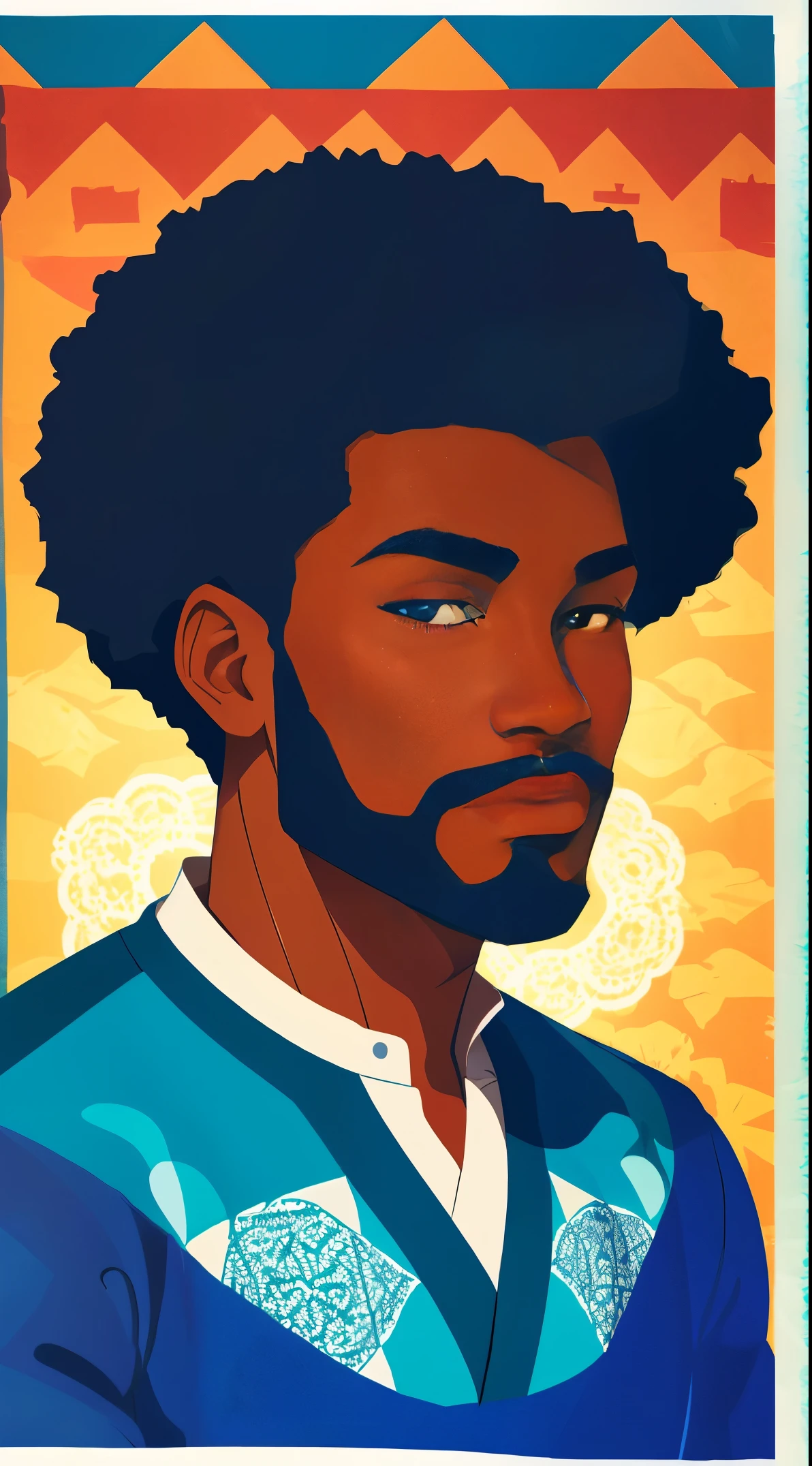 (best quality:1.1),original, A beautiful man with dark skin, Afrocentric, African American man with natural hair, dressed in blue urban clothes, cartoon,illustrations, style is abstract beauty, Sundaratang, mixed patterns, close-ups, charming character illustrations, folklore --ar 2:3 --v 6.0