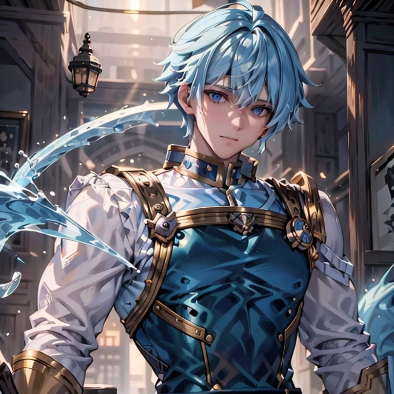  a male fish person Captain pirate with very light blue hair that is glowing with gold irises and sharpen teeth wearing metal almost like guard armor