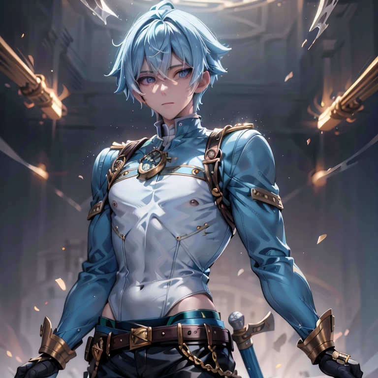  a male fish person Captain pirate with very light blue hair that is glowing with gold irises and sharpen teeth wearing metal almost like guard armor