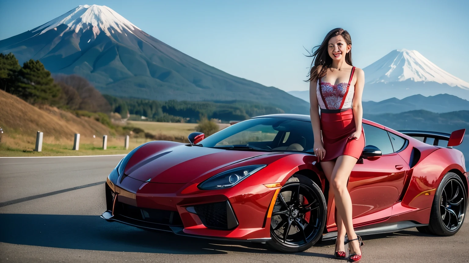 ((best quality)), ((masterpiece)), (detailed), perfect face,3 beauties,Big red suspender skirt,Smile,mount fuji background,depth of field,sports car