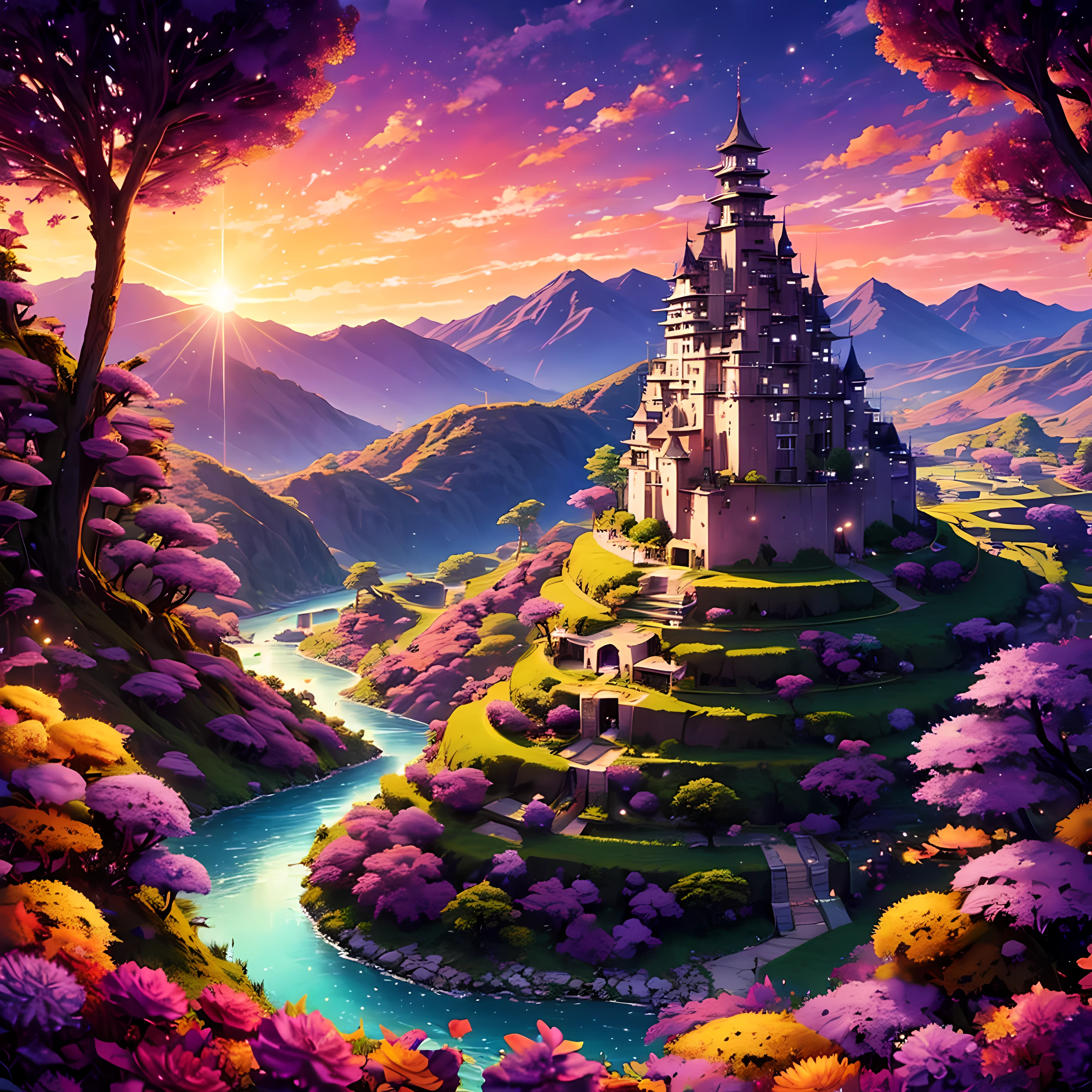 Fantasy meadow, tree with purple leaves, sunset, glowing light particles in the leaves, river, anime, colorful, village, japan, castle