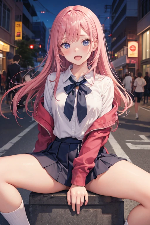 woman、Beauty、大人のwoman、mini high school uniform、short tight skirt、Tight clothes, blush, ecstasy face, , spread legs, raise your legs, open your mouth, (masturbation), downtown, A street where many people come and go, (anime background), null,