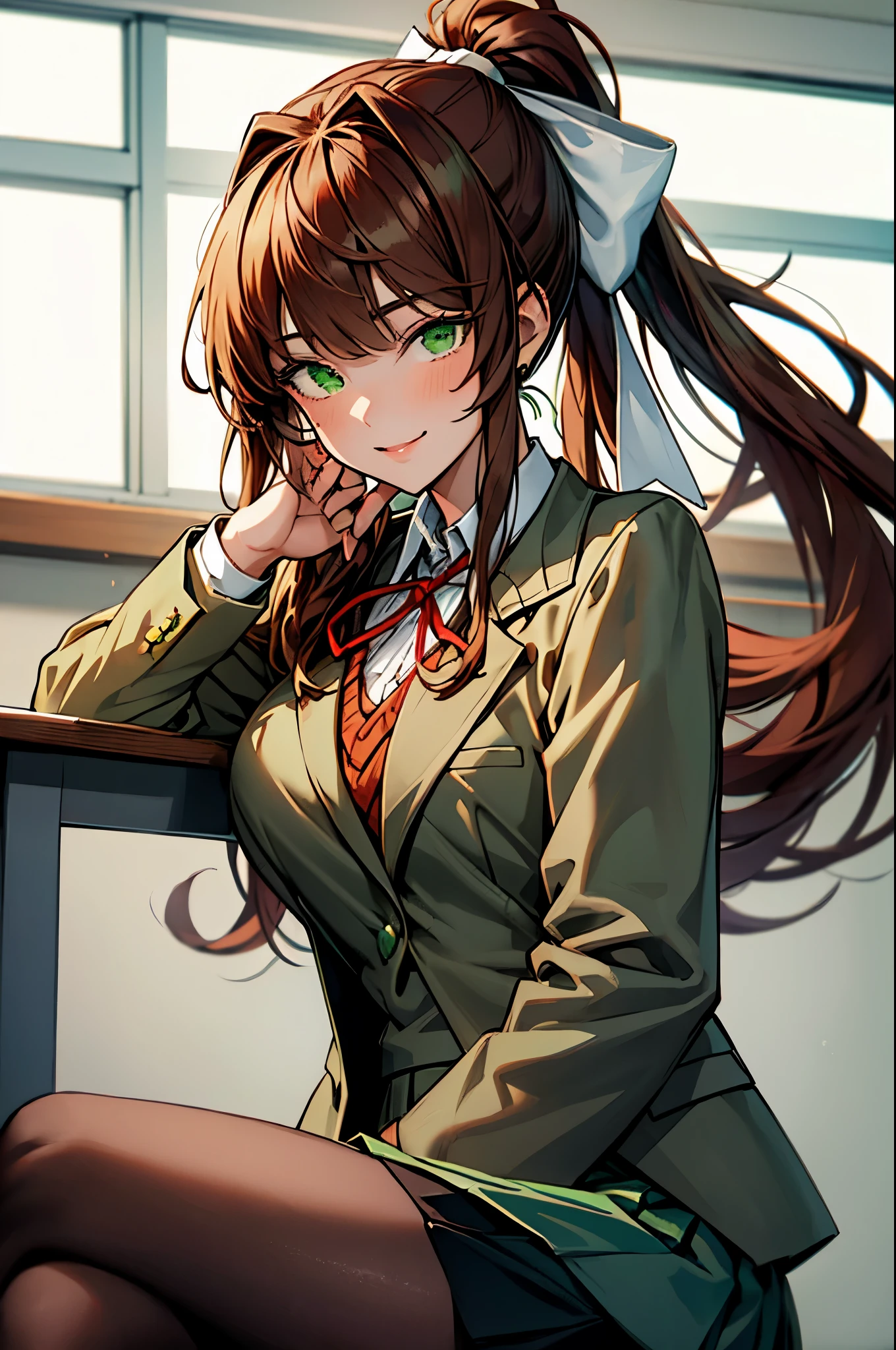 (masterpiece), best quality, expressive eyes, perfect face, highres, 1 girl, solo, ddlcmonika, blunt bangs, brown hair, (green eyes:1.5), long hair, ponytail, ribbon, white ribbon, hair ribbon, sidelocks, black thighhighs, blue skirt, brown jacket, jacket, long sleeves, mary janes, over-kneehighs, pleated skirt, school uniform, shoes, skirt, thighhighs, zettai ryouiki, smiling, indoors, classroom background, crossed arms, sitting on chair, (crossed legs:1.2), upper body portrait, looking at the viewer