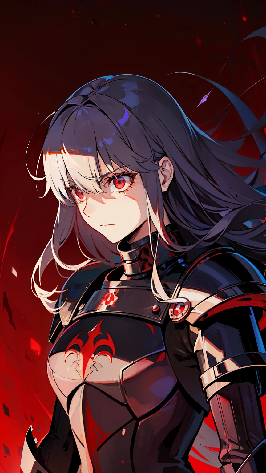 (high-quality, breathtaking),(expressive eyes, perfect face) 1female, girl , solo, young adult, long hair length, wavy curly hair, soft wave, black hair color, red highlights in hair, deep red eye color, background, music, serious confident expression, mature, dominant, haunting red background, armor, onyx black armor with red trim, midnight dark armor with red cracks engraved in the exterior, saber alter, alter saber fate stay night, corrupted theme, corrupted armor, red lines on armor, conquerer vibe, red markings on armor, slightly narrow eyes