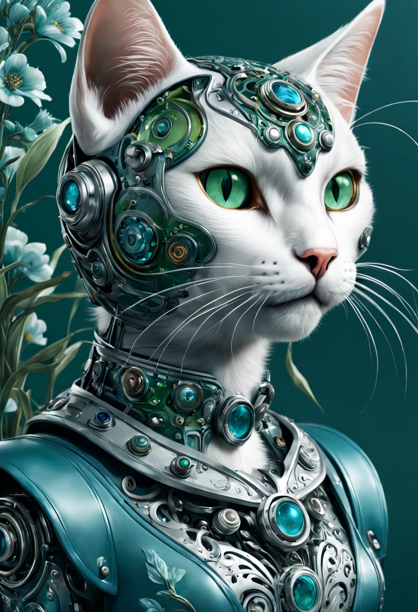 Mechanical cats，photorealestic，anthropomorphic cat，Role setting，Ultra-detailed graphics，Delicate face，8K，MagazineCover，Floral background decoration，intense color contrast，The color is dark，Blue-green-white tones