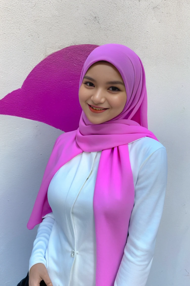 Digital drawing, brenizer effects, splash paint, young woman with smile face, big breasts, over the shoulder pose, long pastel white shawl with purple kebaya, background digital art graffiti on black wall, ultra details any aspect of drawing, UHD 8K