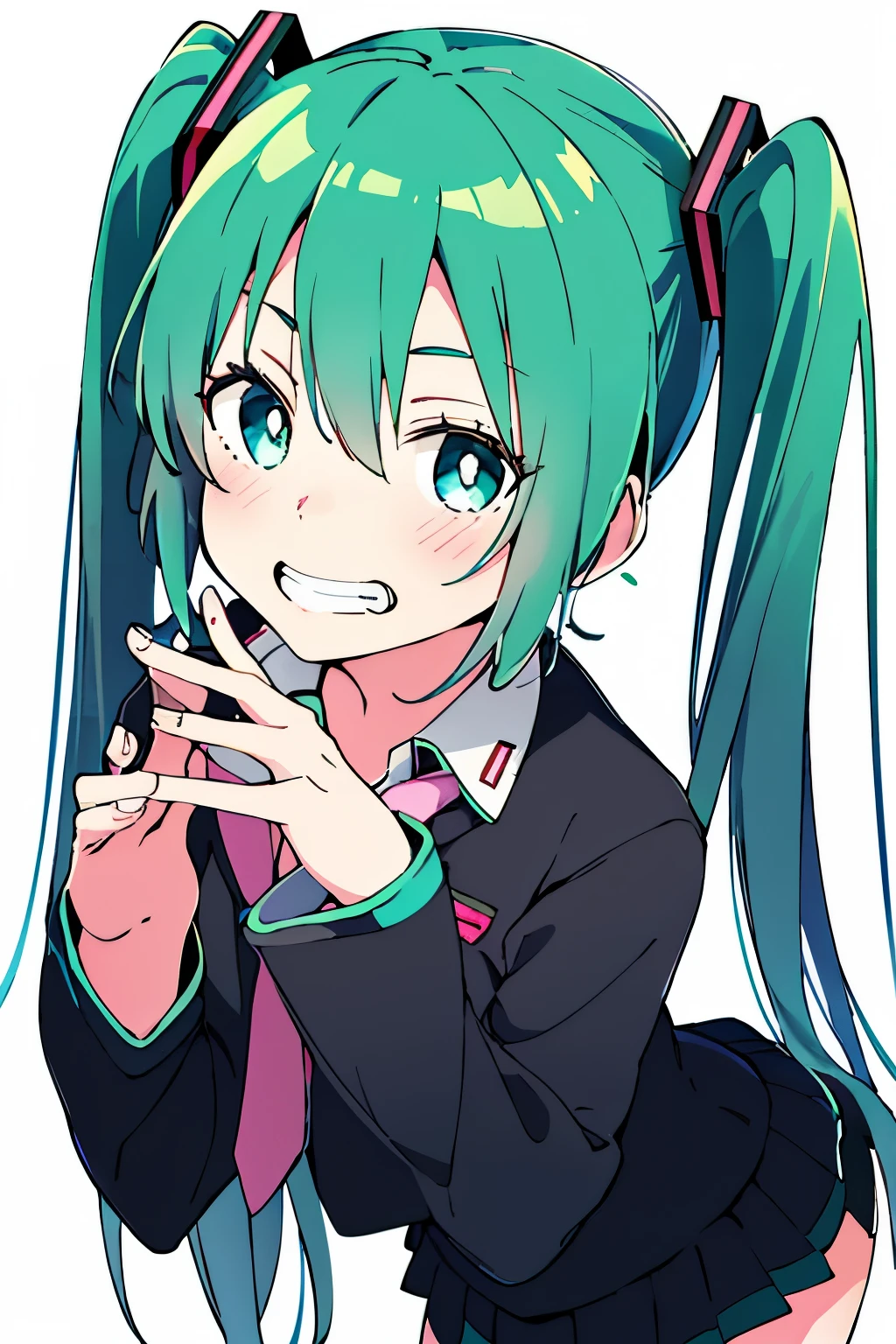 masterpiece, highest quality, 1 girl, alone, dynamic pose, cowboy shot, hatsune miku, green eyes, green hair, twin tails, school uniform, bent down, turn your arms behind your back, evil smile, grin and laugh, From above, look up, 
simple background,