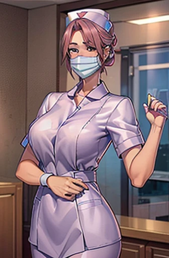 black nurse, 1womanl, Nurse, Nurse Cap, Redware, ((Red legwear, zettai ryouiki)), Red Elbow Gloves, Silver hair, Blue eyes, ((White surgical mask, Cover the nose)), Standing, ((surgery room)), sharp outline, Short sleeves, a matural female, 35 year old, Best Quality, masutepiece ,oversize boobs