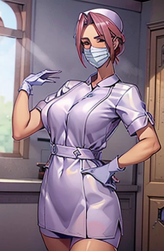 black nurse, 1womanl, Nurse, Nurse Cap, Redware, ((Red legwear, zettai ryouiki)), Red Elbow Gloves, Silver hair, Blue eyes, ((White surgical mask, Cover the nose)), Standing, ((surgery room)), sharp outline, Short sleeves, a matural female, 35 year old, Best Quality, masutepiece ,oversize boobs