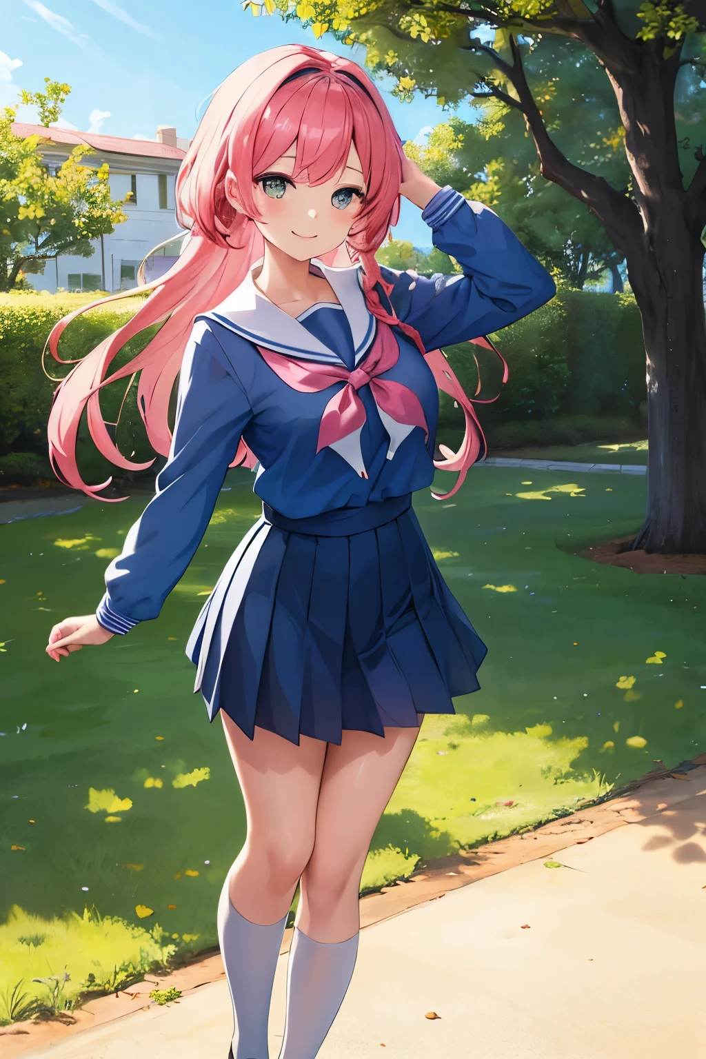 A pure and adorable anime female student, meticulously crafted with attention to detail. She is dressed in a vibrant and refreshing campus uniform, reminiscent of the gentle breeze of spring. Her uniform is adorned with bright and cheerful colors, adding to her youthful charm. Sporting a cute braid on her head, she exudes a delightful sense of playfulness and innocence, capturing the essence of her character. The drawing showcases a masterful blend of anime aesthetics and photorealistic elements, resulting in a mesmerizing artwork. With a full-body shot, every inch of her features is meticulously portrayed, from her expressive face with sparkling eyes to her radiant smile. The artist's skillful use of light and shadows creates a captivating atmosphere, emphasizing the enchanting beauty of this