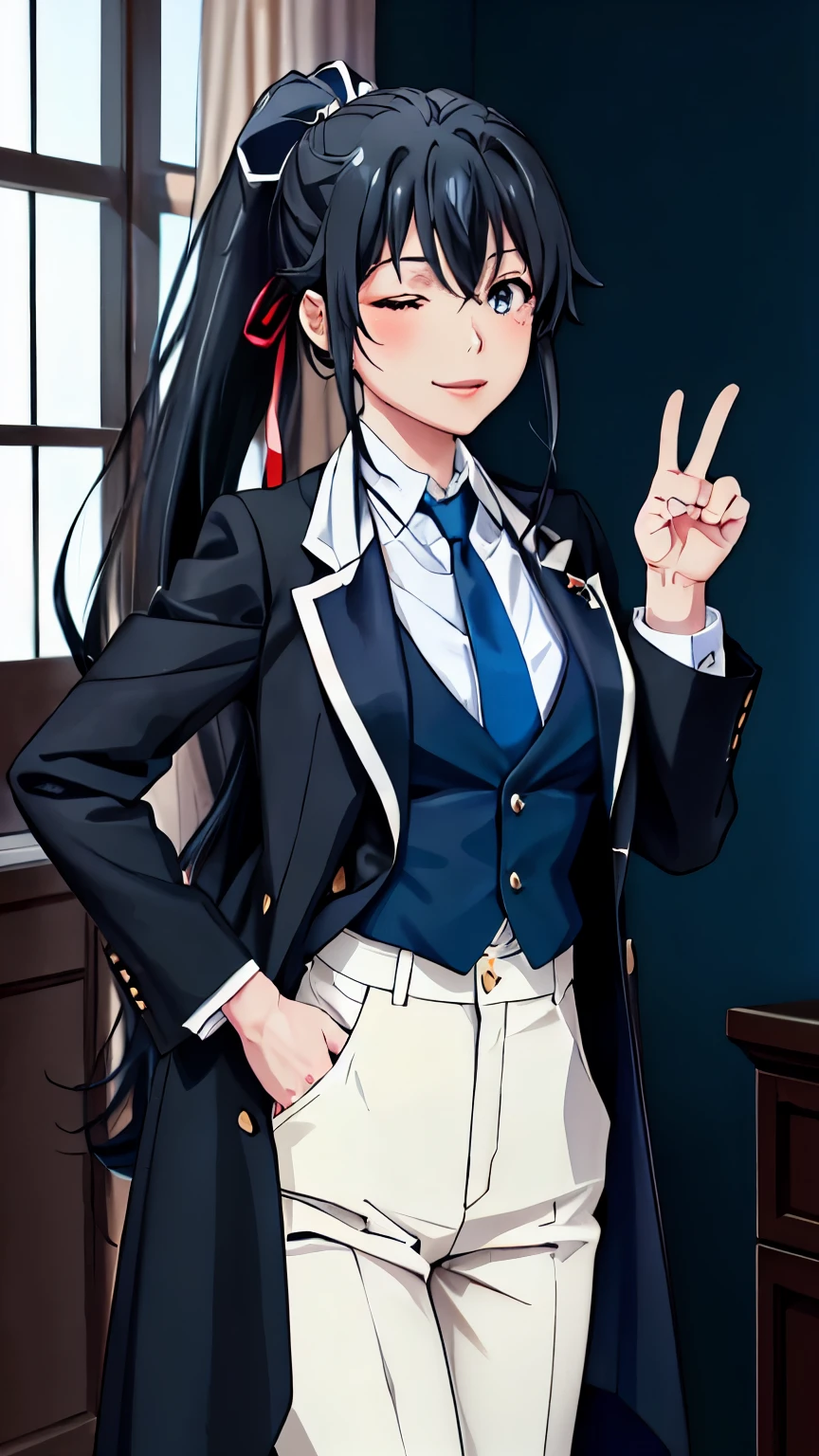 (masterpiece, best quality:1.2),haruno4321((best quality)), ((masterpiece)), (detailed) 1girl 1girl, ;\), blurry, blurry_background, breasts, , hair_ponytail ribbon, looking_at_viewer, ok_sign, one_eye_closed, open_hand, Yukinoshita Yukino ,Woman wearing formal clothes, An attractive coat stands in a large gap in the room , 1girl, 独奏, blue necktie, Black hair, eyes blue, long hair, smile , collared shirt, white pants, white shirt , Elegantly designed coat , Stand in front of a window ,Perfectly tailored tailcoat. It has a stunning Victorian design and is made of lustrous fabric , (wavy hair:0.8)