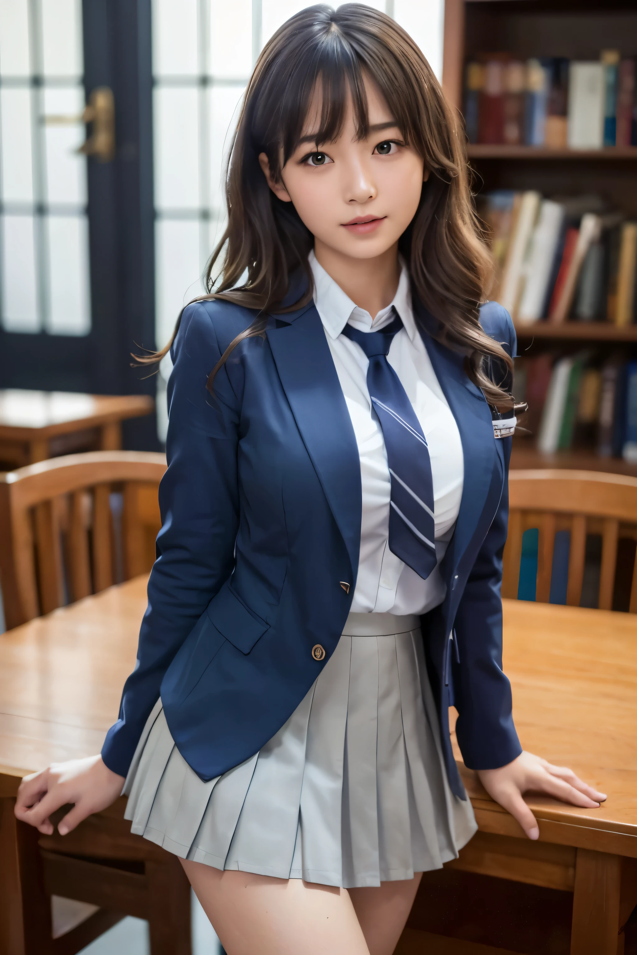 mix4, (16 K, Raw photography, Top image quality, masterpiece: 1.45), (realisitic, Photorealsitic: 1.37), Tall Girl, cute little, A city scape,, profetional lighting, photon maping, school classrooms, physically-based renderingt, dark brown hair,pony tail hairstyle, Well-groomed and beautiful eyes、((二重まぶた))、Transcendent Cute Girl, (((student clothes、blazers、Long sleeve shirt worn by Japan high school girl、Ribbon Ties、Dark blue mini skirt,、Dark blue socks、Black loafers))), Top Quality Photos, hight resolution, 1080p, (clearface), (Detailed face description), (Detailed hand description), (masterpiece), (Exquisite CG)、extreme light and shadows、dishevled hair、master work、abundant detail、(Fine facial features)、(top quality photo)、(masuter piece)、(A detailed eye)、Look in front of you、Fine clavicle、((Slender big))、(((Japan schoolgirls wear jackets and long-sleeved shirts)))、((Neat and clean idol))、((School Gate、school ground、School building in the background))、(Shooting from random perspectives)、(((Anyway cute)))、耳Nipple Ring、A big smile、Drawing the whole body from the knees、Do not draw nasolabial folds、(((Sports bags used by Japan schoolgirls)))、(Big breasts that hang down big:1.2)、Big buttocks with tension、Two arms and two legs、(((from the front side:0.7)))、bare hand、(((Left and right symmetrical eyes)))、Standing Pose、Put your hands on your desk、Do not take the tie out of the jacket、Raise your buttocks:1.5,barebacked:1.5,