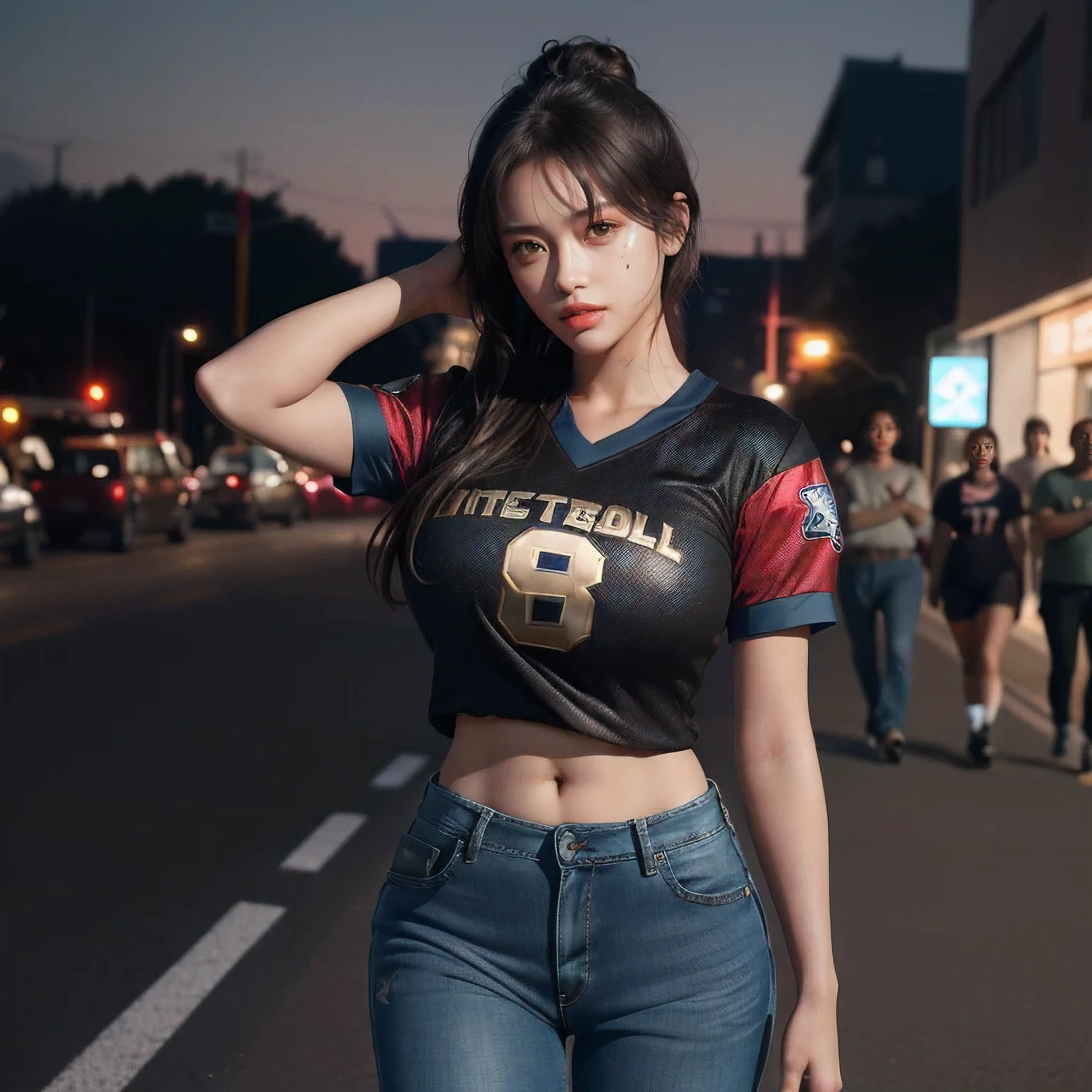 masterpiece:1.2, best quality), realistic, (real picture, intricate details, depth of field), (1girl, solo), parted lips, highly-detailed, (large breasts:1.4), small waist, short, brunet hair bun,((football jersey number 13 red gold and black football jersey)) ,sexy, blushing,(sexy ripped blue jeans),full body shot, ultra realistic 4k ultra hd, ((walking in street at night)), (rough skin textures), (breasts imprinting on jersey), (jersey covering waist),( short sleeve jersey), (shoulders covered),(shirt tucked in), looking at viewer,((one hand on waist)) other ((hand on head))