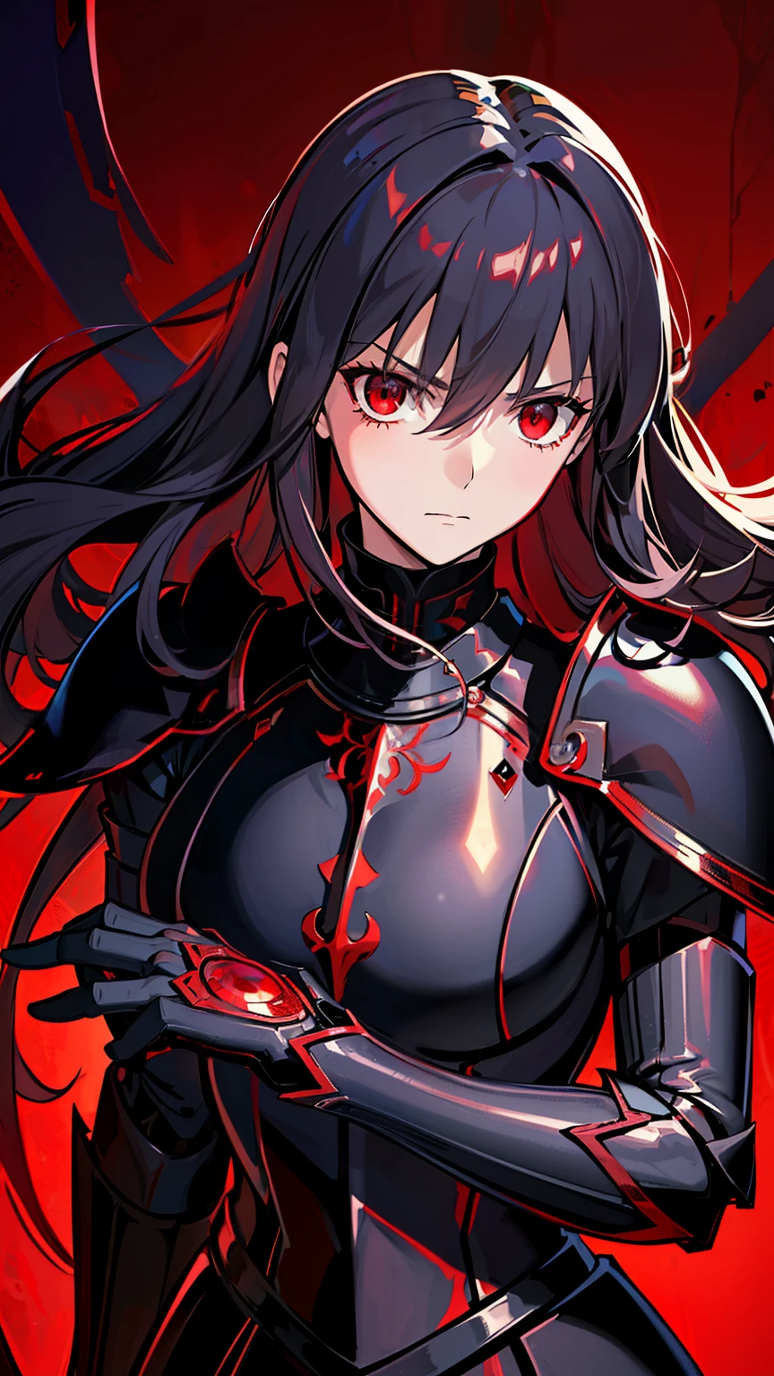 (high-quality, breathtaking),(expressive eyes, perfect face) 1female, girl , solo, young adult, long hair length, wavy curly hair, soft wave, black hair color, red highlights in hair, deep red eye color, background, music, serious confident expression, mature, dominant, haunting red background, armor, onyx black armor with red trim, midnight dark armor with red cracks engraved in the exterior, saber alter, alter saber fate stay night, corrupted theme, corrupted armor, red lines on armor, conquerer vibe, red markings on armor, slightly narrow eyes, evil queen, narrow beautiful eyes