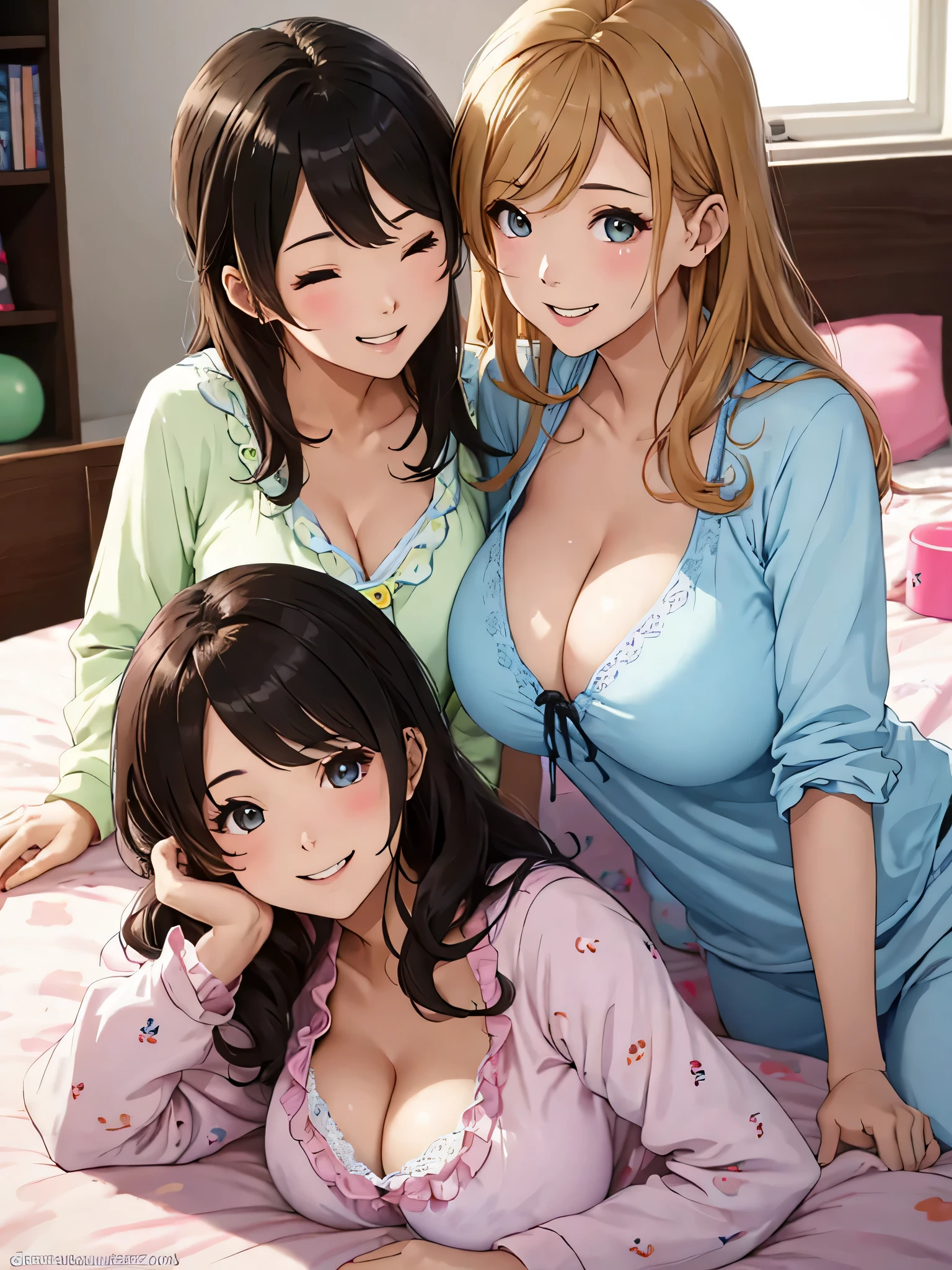 highest quality、High resolution、High resolution、Beautiful teenage girl、three women、cute hairstyle,perfect skin,(huge breasts:1.4)、Look at me happily、smile、laughter、sexual expression、slumber party、友人たちとのslumber partyでは、Soft pajamas and cute bedding、Enjoy cute items。chat and games、While enjoying sweets、Creates a feminine and cute look。emphasize cleavage