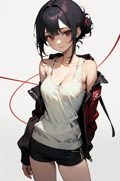 (((masterpiece))), red eyes, 1 girl, alone, looking at the viewer, chignon,chignon1.2, black hair, long sleeve, cleavage, medium breasts, closed mouth, clavicle, white tank top, Open Parka, black hoodie, shorts,Expressionless,Two-dimensional beautiful girl,anime beautiful girl,Cool Beautiful Girl,Tie your hair with a red string