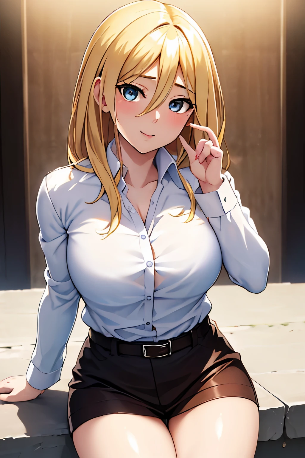 茶colorのジャケット,long sleeve,thighsストラップ,white shirt, uniform,belt, black_pencil_skirt, thighsストラップ, thighs, blonde hair,blue eyes,前hair, length_hair,(hair between eyes:1.3),
1 girl, 20 years,young woman,beautiful Finger,beautiful long legs,beautiful body,beautiful Nose,beautiful character design, perfect eyes, perfect face,expressive eyes, looking at the viewer, in the center of the image,(light_笑face:0.5), official art,Highly detailed CG Unity 8K wallpaper, perfect lighting,colorful, bright_front_face_lit,shiny skin, (masterpiece:1.0),(Highest_quality:1.0), 超High resolution,4K,super detailed, photograph, 8K, HDR, High resolution, disorganized:1.2, kodak portrait 400, film grain, blurred background, Bokeh:1.2, Lens flare, (vibrant_color:1.2) (beautiful,big_chest:1.0), (beautiful_face:1.5),(narrow_waist)